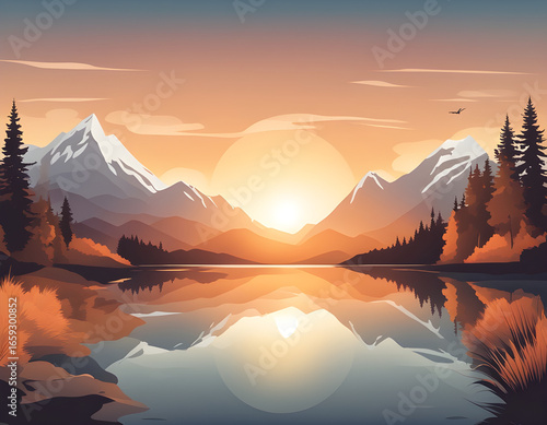 Beautiful landscape vector illustration. Warm sunrise over mountains, lake and forest. The concept of travel, hiking, outdoor activities and adventure. Landscape background
