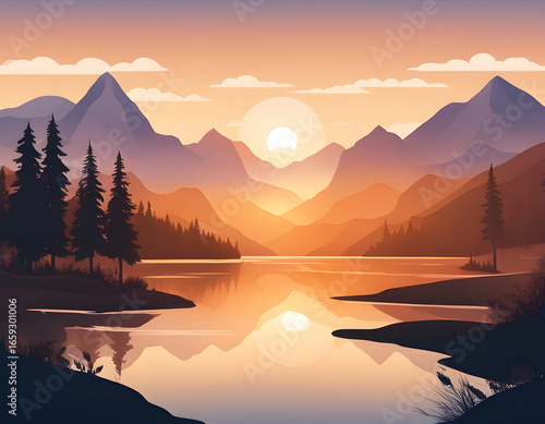 Beautiful vector landscape illustration, peaceful warm sunrise over mountains, lake and forest. The concept of travel, hiking, outdoor activities and adventure. background.
