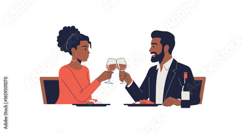 Pixelated Style Illustration of a Romantic Dinner with a Dark Skinned Couple Toasting with Wine on a White Background with a Bottle of Wine