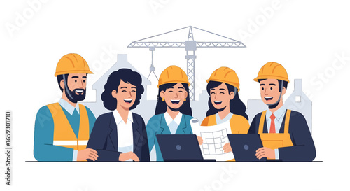 Group of Construction Engineers with Yellow Helmets Discussing Blueprints Near Crane and Buildings in White Background Flat Vector Illustration