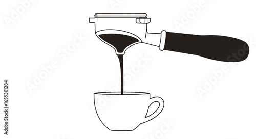 Espresso Pouring Into Cup with Black Handle in White Background for Cafe Drink Preparation and Aromatic Morning Beverages