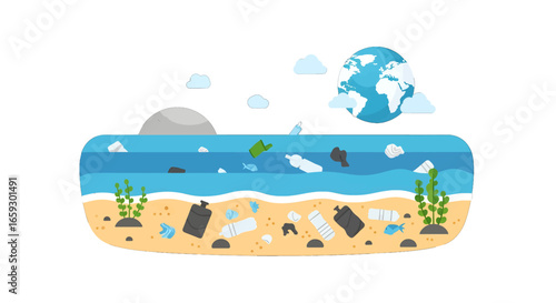 Pixel Art Beach Scene Showing Ocean Pollution with Plastic Debris Littering the Shoreline and Globe Earth View