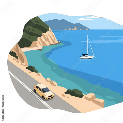 Coastal Road with Yellow Car and Sailboat in Pixel Art Style Sunny Day Landscape with Ocean and Mountains