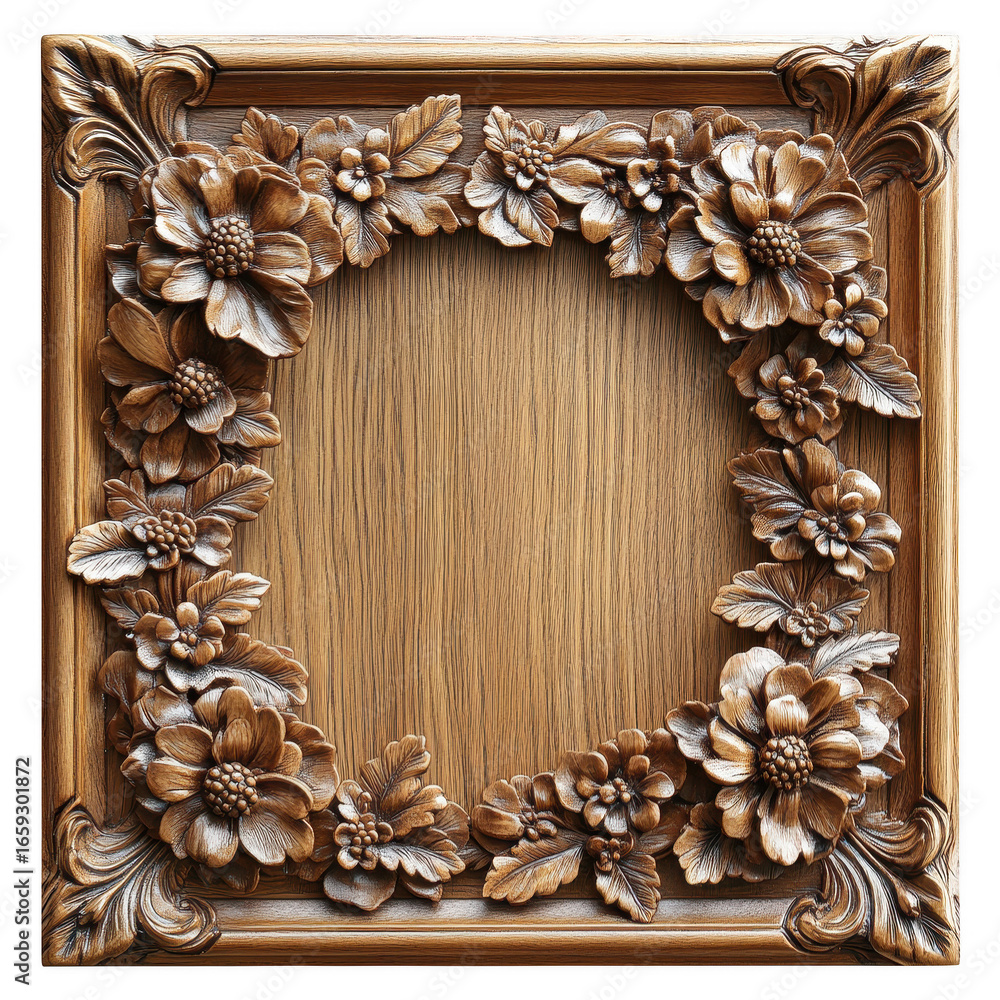 Fototapeta premium Ornate antique gilded wooden picture frame with intricate floral carvings and a textured wood panel center isolated on transparent background