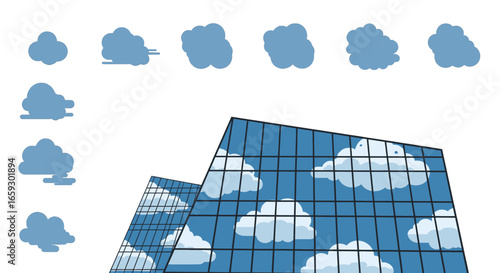 Pixelated Clouds Reflected on a Modern Blue Glass Building Facade Architecture in a Geometric Composition on White Background