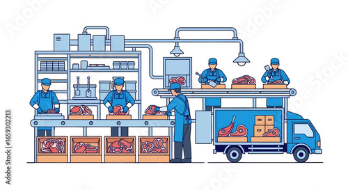 Food Processing Plant with Meat Packing Conveyor System and Workers Loading a Delivery Truck Illustration