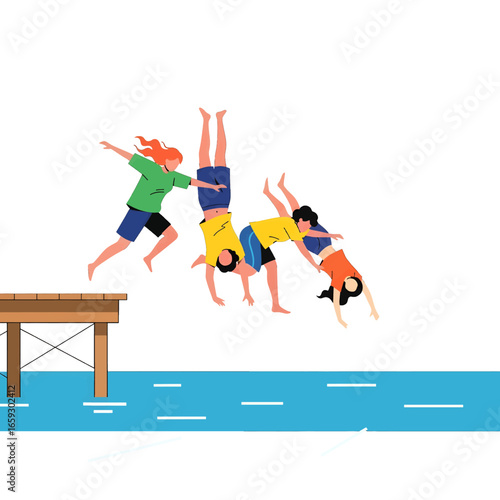 Group of Young People Diving into Blue Water from Pier Wearing Casual Summer Clothes in Bright Sunlight Cartoon Flat Design Illustration