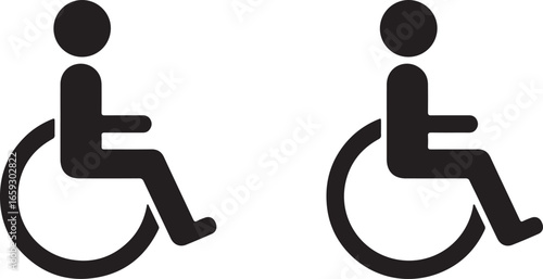 Two black wheelchair accessibility symbols on a white background Keywords: accessibility, wheelchair, symbol, icon, disabled, handicap, person, silhouette, transportation, assistance, mobility