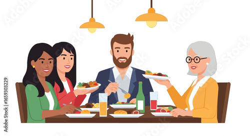Group of People Having Dinner at Wooden Table with Food and Drink in Warm Lighting Celebrating Togetherness