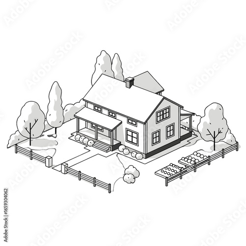 Isometric View of a Gray Scale House with Trees and Fences Showcasing Architectural Design and Landscape Elements for Real Estate Visualization