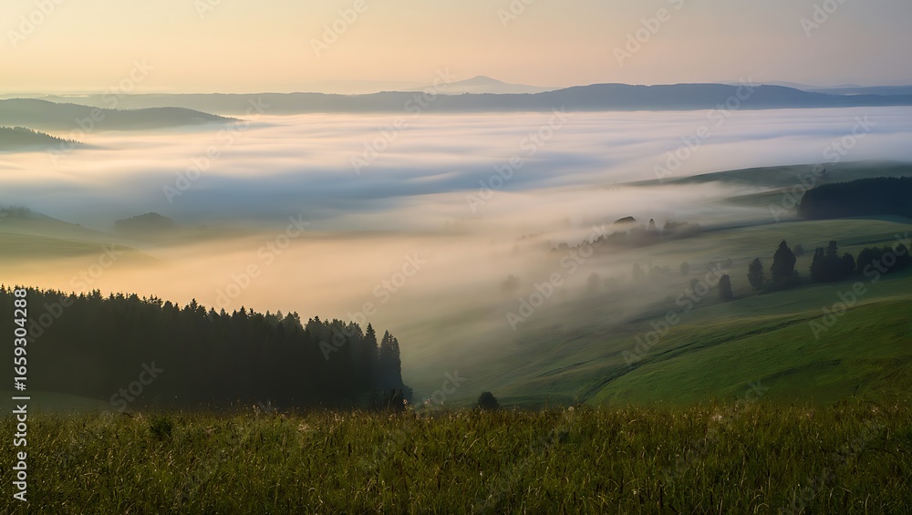 Fototapeta premium Serene Sunrise Over Misty Green Valley: Rolling Hills, Forest, and Peaceful Dawn Landscape Photography