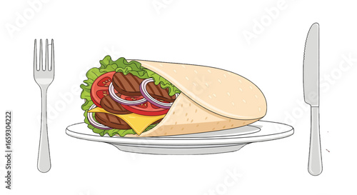 Shawarma Wrap with Tomatoes Onions and Lettuce Served on White Plate with Fork and Knife Food Still Life Flat Lay Isolated on White