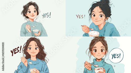 Charming cartoon illustration of a smiling girl enjoying yogurt, showing joy and positivity, perfect for healthy lifestyle, food design, and character art.