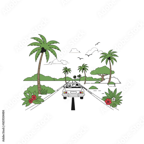 Retro Style Car Driving Down a Tropical Road With Palm Trees Against a White Background on a Bright Sunny Day
