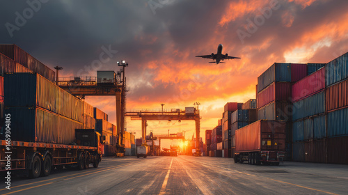 Cargo container shipping sunset industrial transportation airplane logistics freight outdoor travel. Cargo containers stacked shipping port with