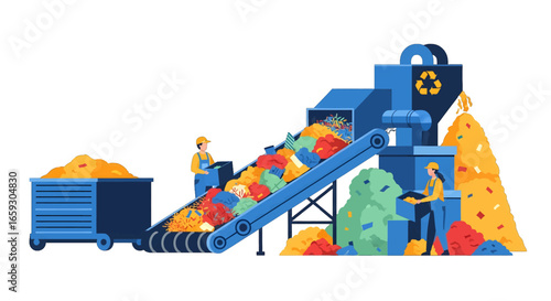 Recycling Plant with Conveyor Belt System and Two Workers Processing Waste Materials in an Automated Facility with Piles of Sorted Garbage