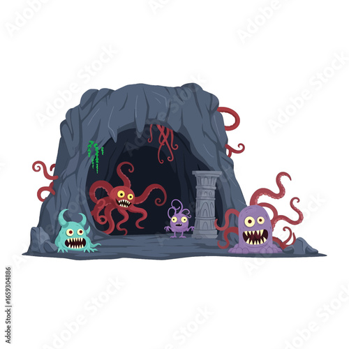 Pixelated Cave Entrance with Colorful Monsters and Tentacles Digital Art Fantasy Adventure Game Concept with Spooky Cave Design and Retro Style