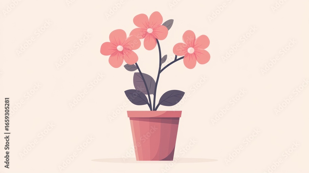 Naklejka premium Pink flowers in terracotta pot on a plain background. Illustration for cards, print or web