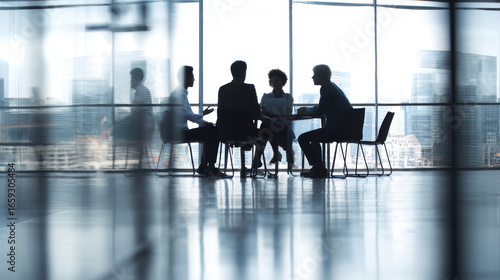 Business meeting office teamwork discussion collaboration professional corporate group modern city view. diverse team sits around table bright