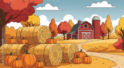 An old wooden farm barn with hay bales under a blue sky in an autumn harvest landscape
