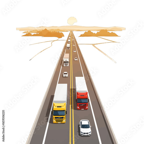 Pixel Art Highway with Trucks and Cars Under a Bright Sun with Mountains in the Distance