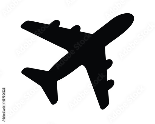 Black silhouette of an airplane with distinctive wingtip devices on a white background