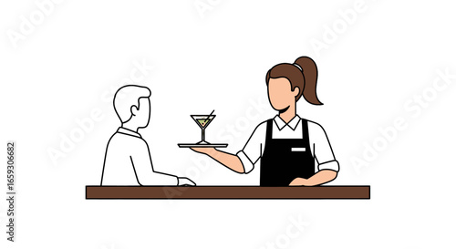 Waitress Serving a Martini to Customer at Bar with Minimalist Line Art Style and White Background in a Professional Setting