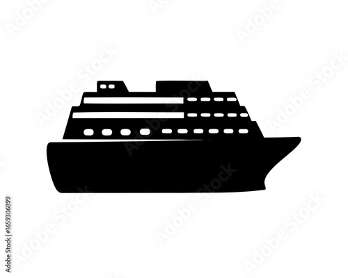 Stylized Cruise Ship Silhouette, Luxury Liner Graphic Illustration, Isolated on White