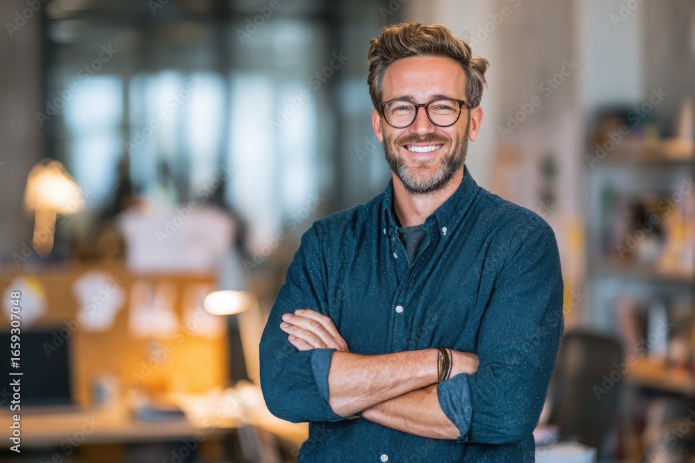 Fototapeta premium Portrait of a cheerful man with standing confidently with arms crossed in a contemporary open-plan office workspace.