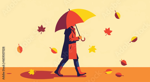 A stylish woman in a red suit holds a black umbrella, protecting herself from the autumn rain