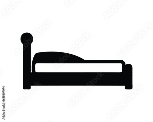 Simple black and white graphic icon of a bed with headboard