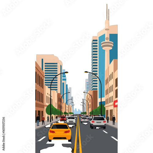 Pixel Art City Street with Yellow and Gray Cars among Tall Buildings and Tower Under Blue Sky