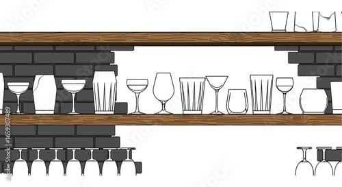Neat Rows of Clear Glassware on Wooden Shelves against a Gray Brick Wall Displaying Kitchen and Bar Drinkware