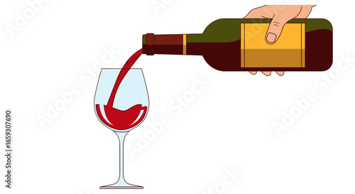 Pouring Red Wine Into Glass From Bottle in Hand Illustration Vector on White Background for Beverage Concept