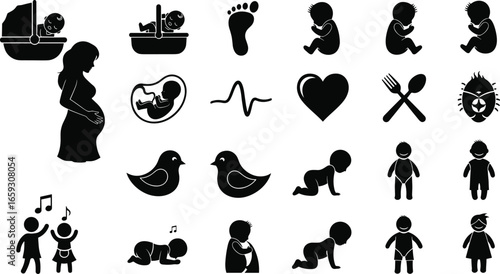 Pregnancy and baby silhouette vector set, child development stages, newborn care, fetal growth, parenting icons, black figures, isolated white background