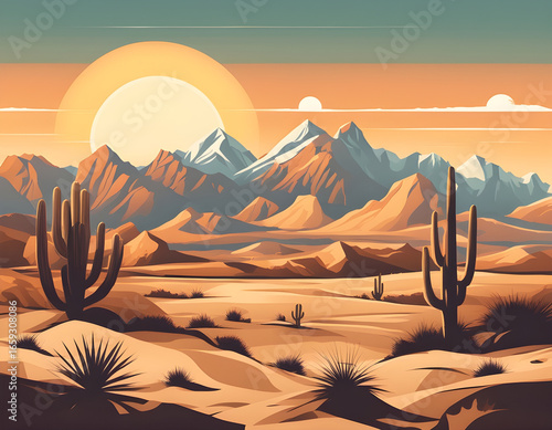 Desert landscape with cacti, rugged mountains, snow-capped peaks, and a rising sun.