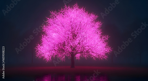 A captivating display of a vibrant, pink ethereal tree casting its luminous reflection on calm waters under a shadowy night sky, evoking a sense of mystical tranquility and the serene beauty of a