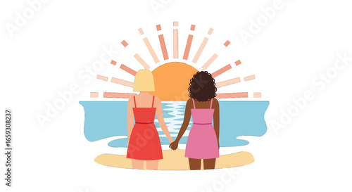 Two Women Hold Hands Enjoying Ocean Sunset View in Summer Dresses Diverse Couple Bonding in a Warm Romantic Beach Scene