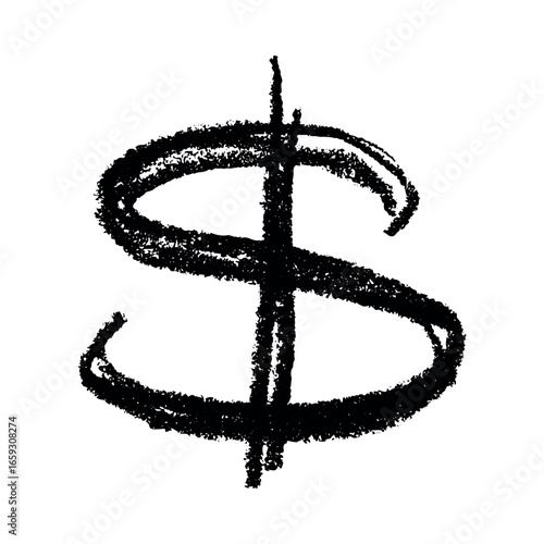 Hand drawn dollar currency symbol. Brush stroke doodle. Single element for design