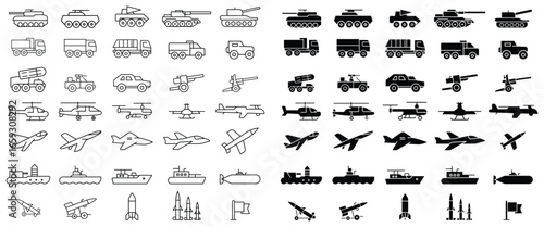 Various Military Vehicles and Aircraft Icons in Black and White Line Art
