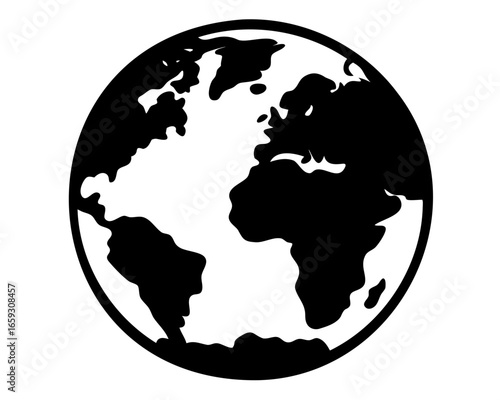 Black and white globe illustration showcasing the continents of Earth perfectly