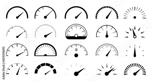 Collection of Black and White Speedometer and Gauge Icons on White Background dial