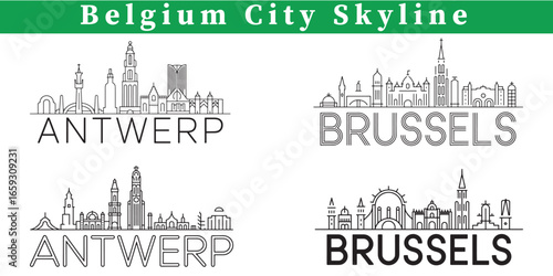 Belgium City Skyline Featuring Antwerp and Brussels in Artistic Black and White Line Drawings, Ideal for Travel and Culture Themes