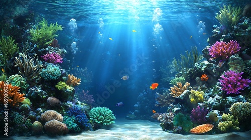 Fototapeta Naklejka Na Ścianę i Meble -  Vibrant coral reef ecosystem seen underwater diverse marine life swimming through vibrant corals illuminated by sunlight filtering through the ocean surface