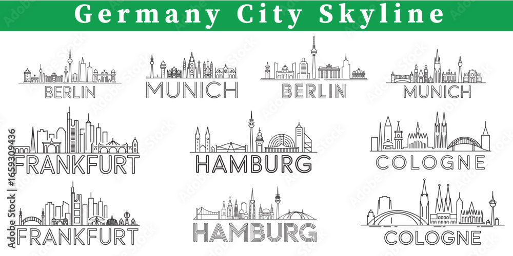 Fototapeta premium Elegant Minimalist Outlines of German City Skylines A Glimpse into the Urban Architecture and Landmarks of Germany's Vibrant Metropolises