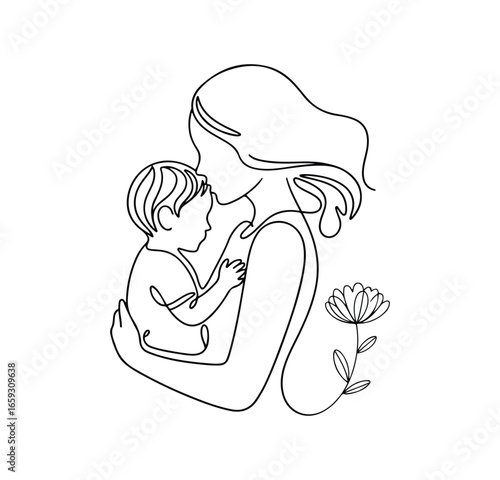 Continuous Line Mother Holding Child with Floral Accent – Minimalist Line Art Celebrating Care and Affection. Vector Illustration