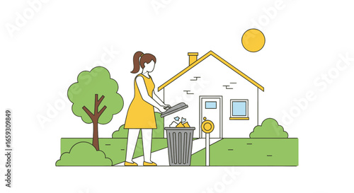 Woman Tossing Trash into a Garbage Bin in Front of a White House in a Yard on a Sunny Day With a Tree and Green Grass