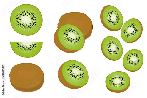 Vector illustration of whole and sliced ​​kiwi fruits with green flesh and brown skin on white background.