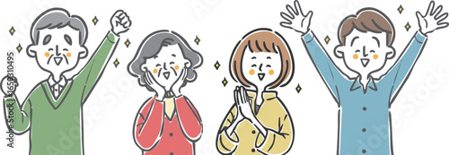 喜んでいる家族二世帯　上半身　ベクター
