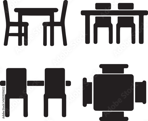 dining table silhouette icons set side, front, back, and top views vector art illustration